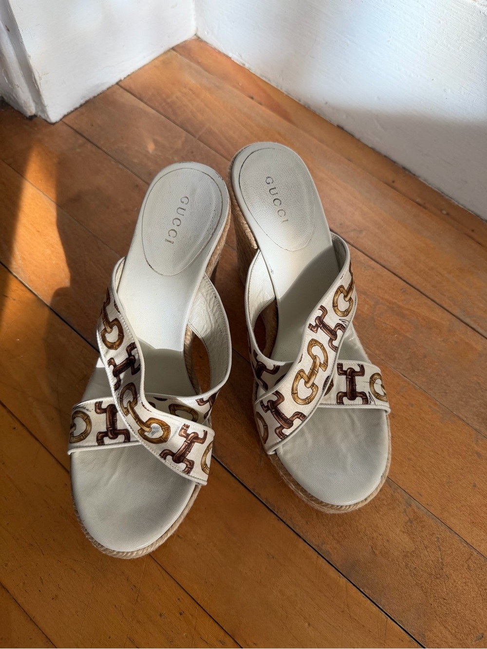 Vintage Gucci White Leather Espadrille Slide Sandals - Women's